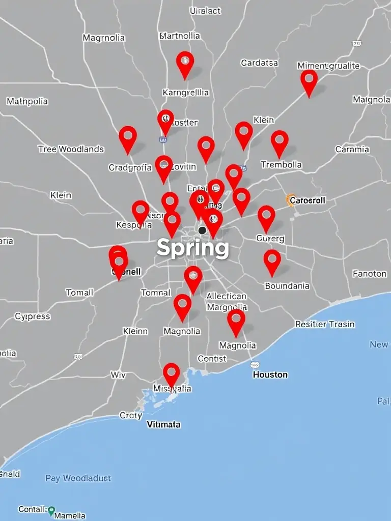 A map pinpointing Spring, TX, and surrounding service areas, emphasizing Junk Junkies Texas's local expertise and commitment to the community.
