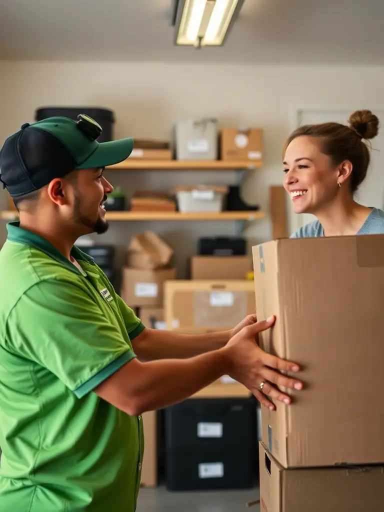 A Junk Junkies Texas team member assisting a customer with moving boxes, highlighting the personalized and supportive service provided during the moving process.