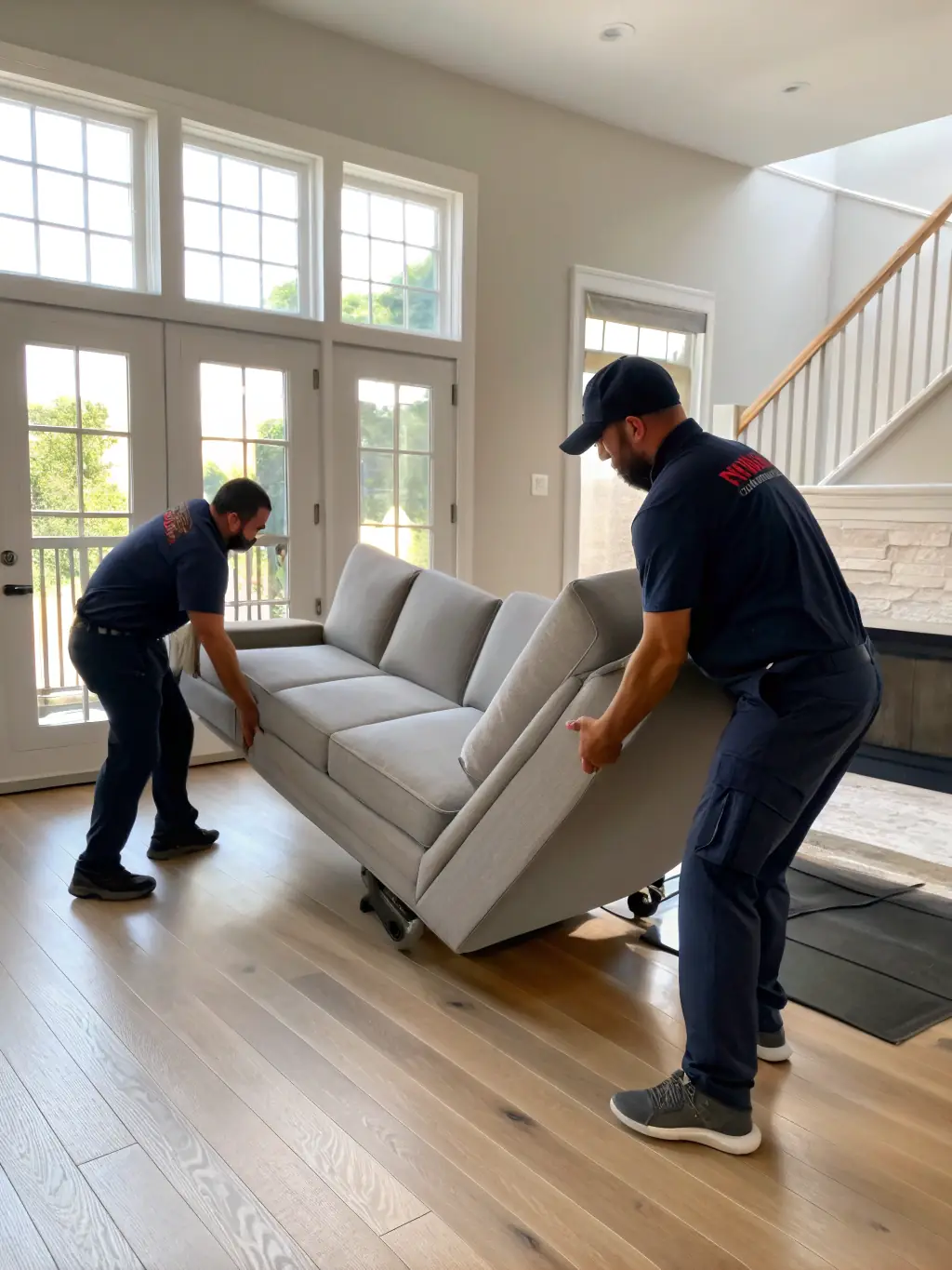 Movers carefully wrapping furniture with protective blankets inside a home, showcasing the care and attention to detail in Junk Junkies Texas' moving services.