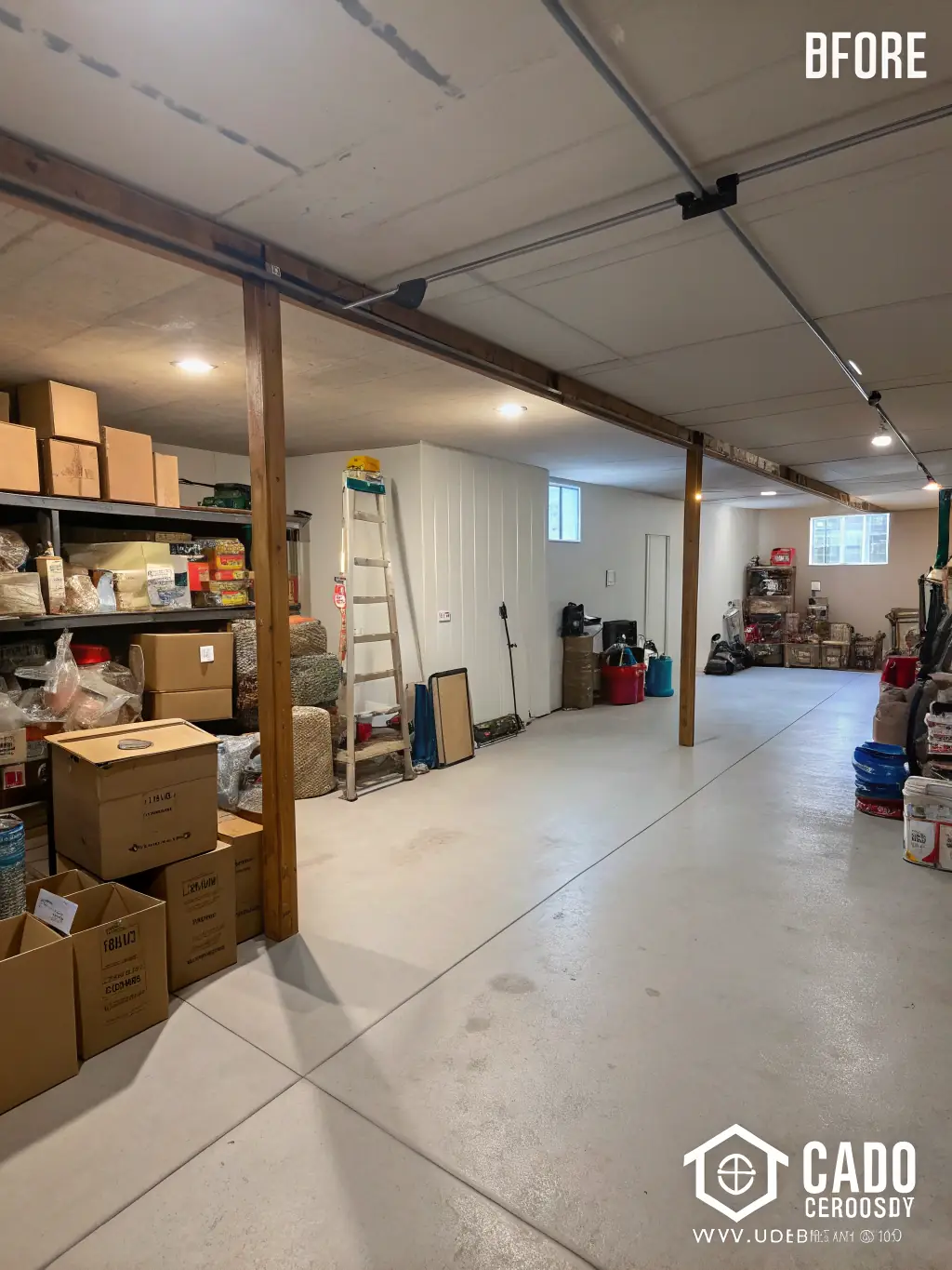 A before-and-after photo showing a garage in Conroe, TX, before and after a cleanout by Junk Junkies Texas. The after photo shows a clean and organized space.