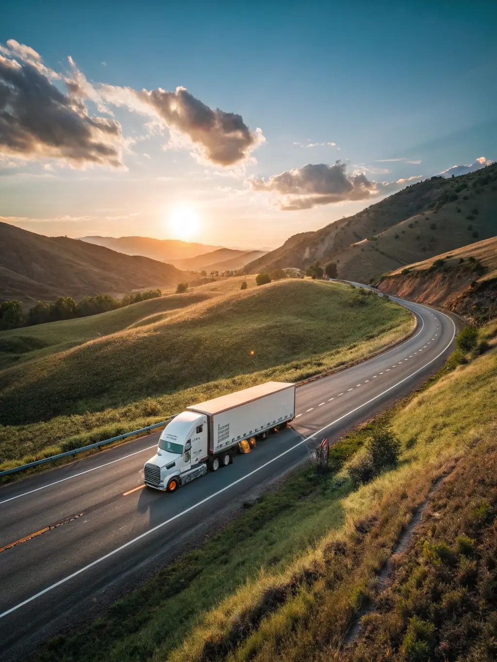 A Junk Junkies Texas moving truck driving on a highway with a scenic Texas landscape in the background, representing reliable long-distance moving services.