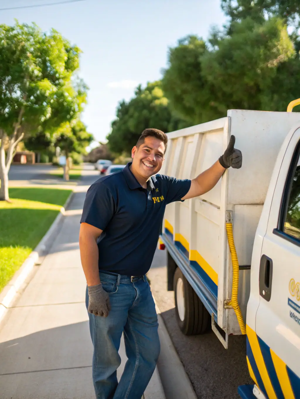 A friendly Junk Junkies Texas team member smiling and giving a thumbs up in front of their branded truck, showcasing their commitment to excellent customer service.