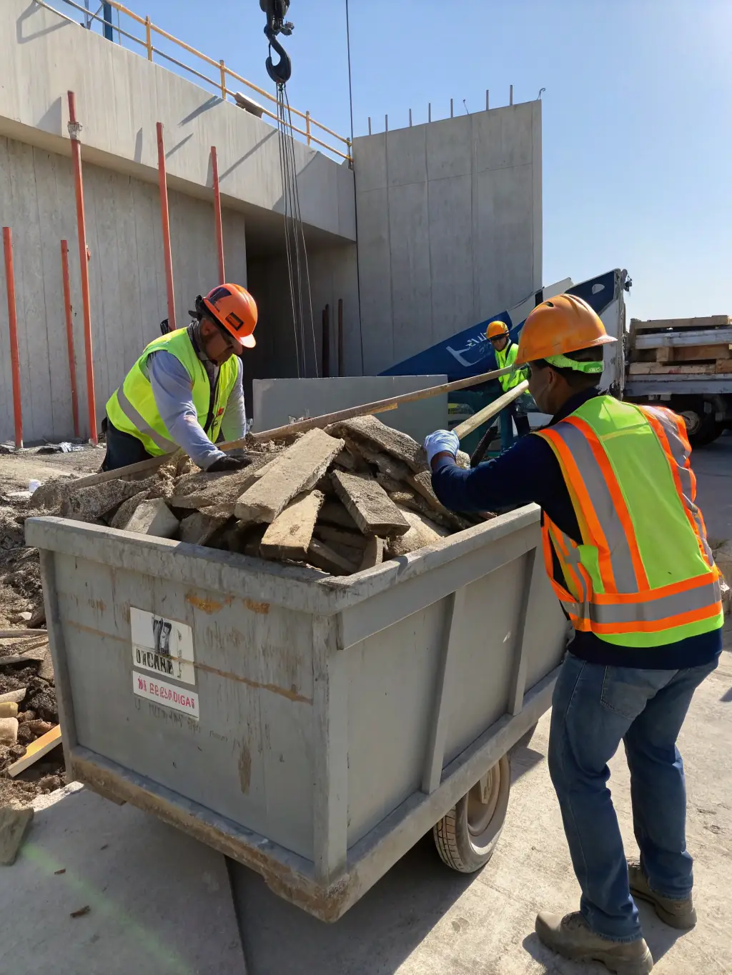 A medium shot of construction workers loading construction debris into a Junk Junkies Texas truck at a construction site.