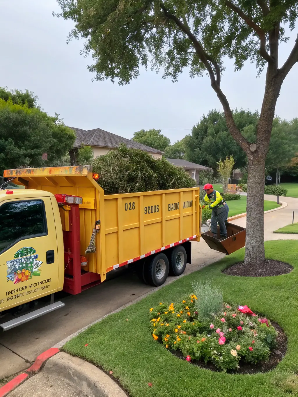 A medium shot of a Junk Junkies Texas truck parked at a residential property, ready to haul away debris.