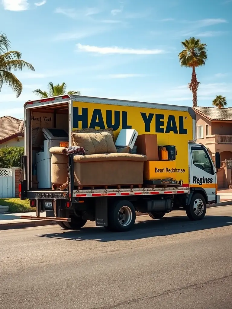 A photograph of a residential street in Spring, TX, with a Junk Junkies Texas truck parked in front of a house, suggesting a junk removal service in progress.