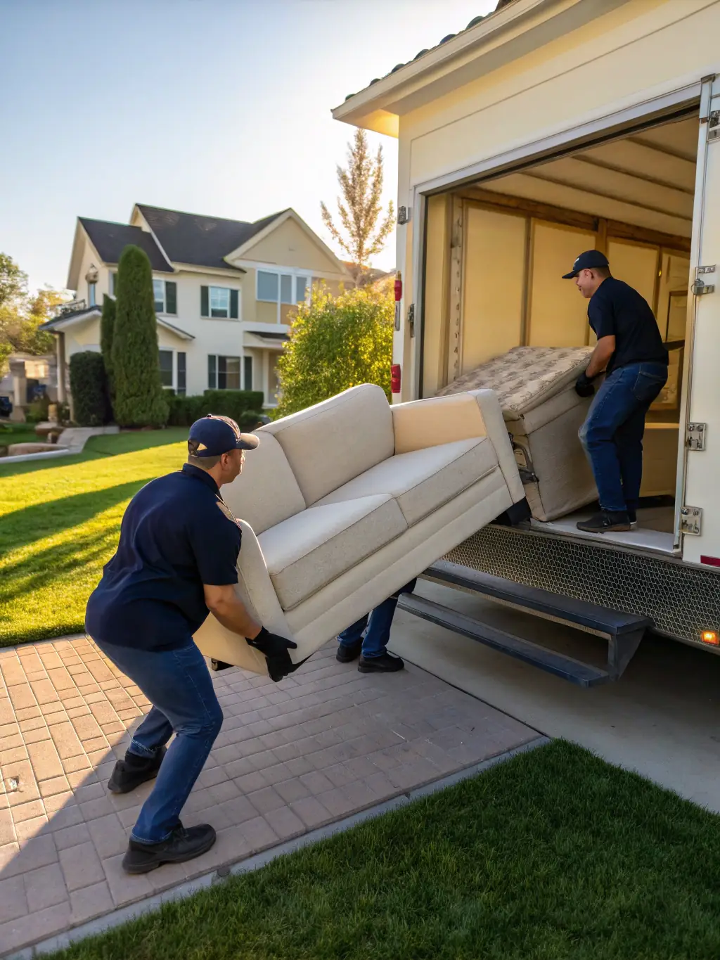 A professional photo of Junk Junkies Texas team removing an old sofa from a residential home in Spring, TX. The team is wearing branded uniforms and smiling, showcasing their friendly service.