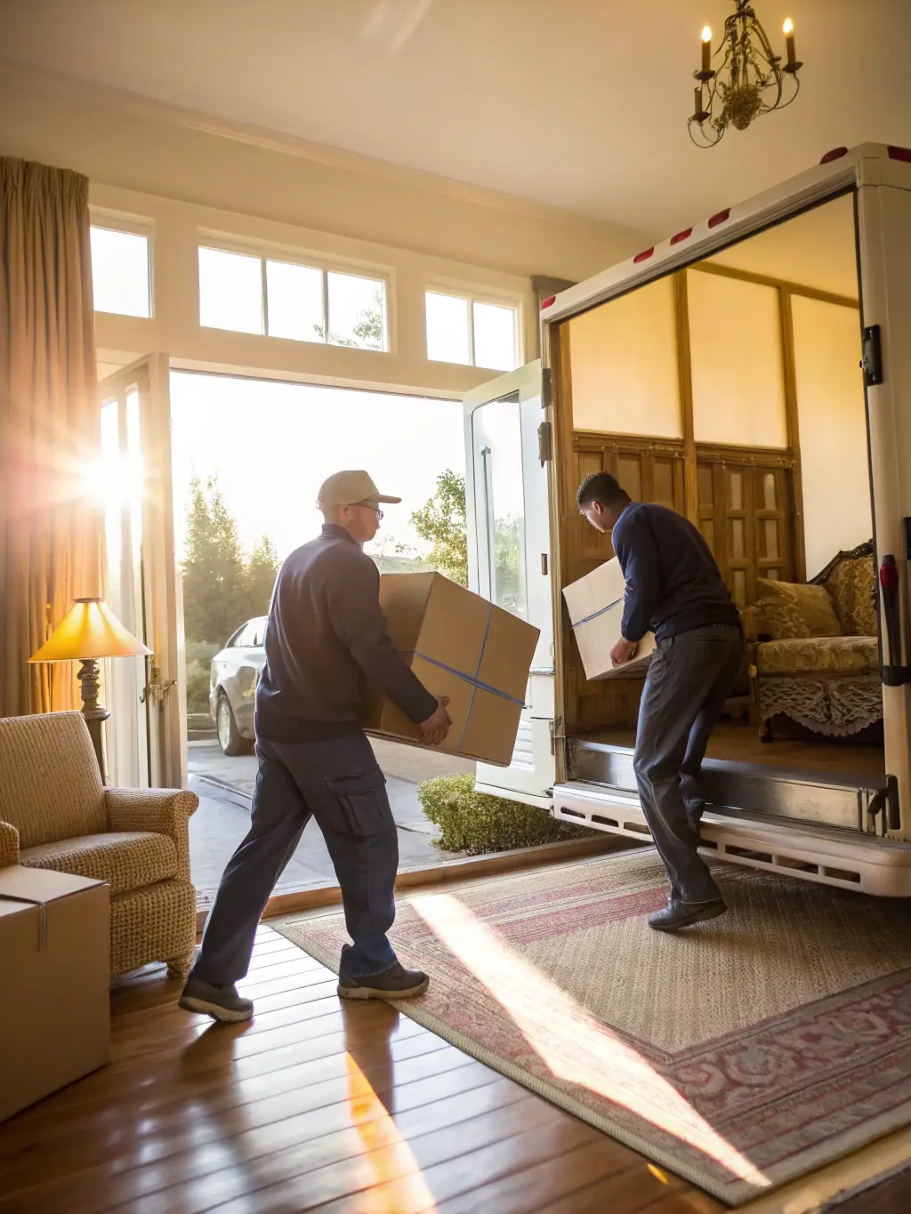 A photo of Junk Junkies Texas movers carefully loading boxes into a moving truck in The Woodlands, TX. The truck is clean and well-maintained, emphasizing reliability.