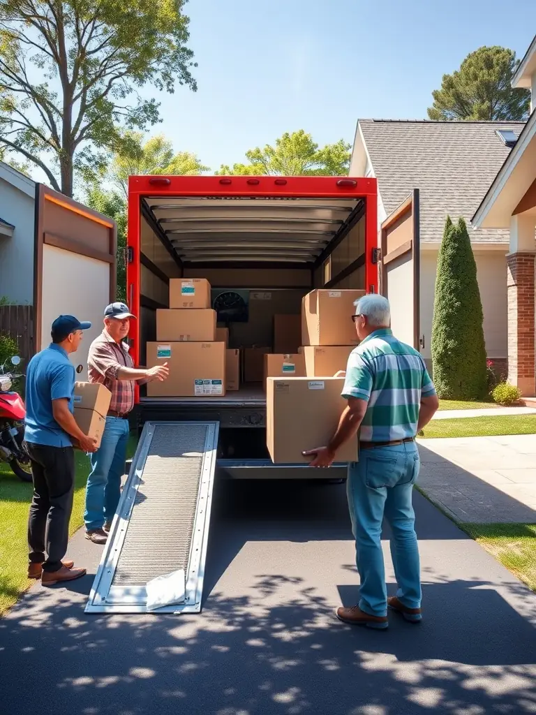 A photograph of a suburban street in Tomball, TX, with a Junk Junkies Texas truck assisting with a local move.