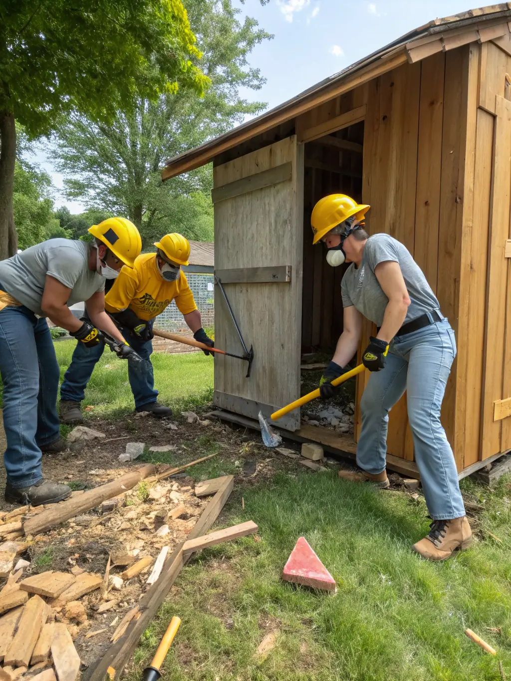 A photo of Junk Junkies Texas removing construction debris from a construction site in Tomball, TX. The team is wearing safety gear and using appropriate equipment.