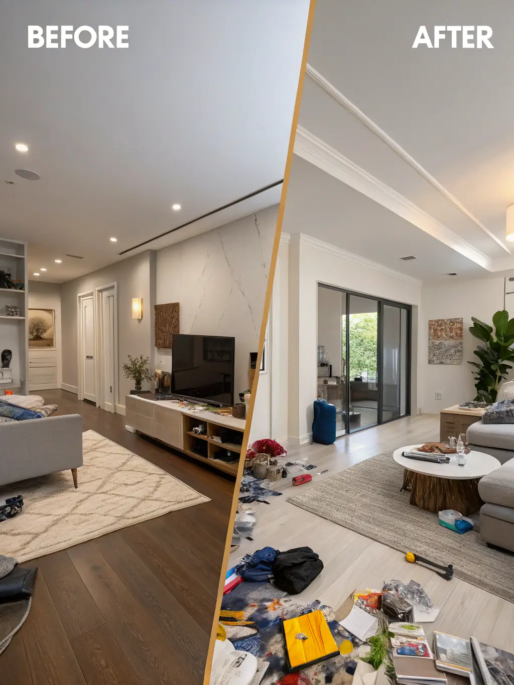 A photo depicting a before-and-after scene of a hoarder house cleanout, showcasing the transformation from cluttered to clean, emphasizing the thoroughness of Junk Junkies Texas's service.