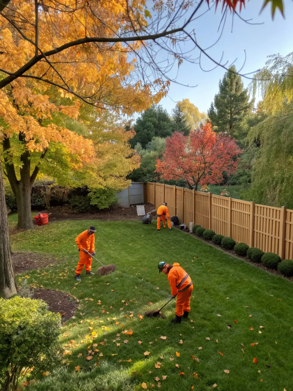 A wide shot of a backyard with Junk Junkies Texas workers removing yard waste, including branches and leaves.
