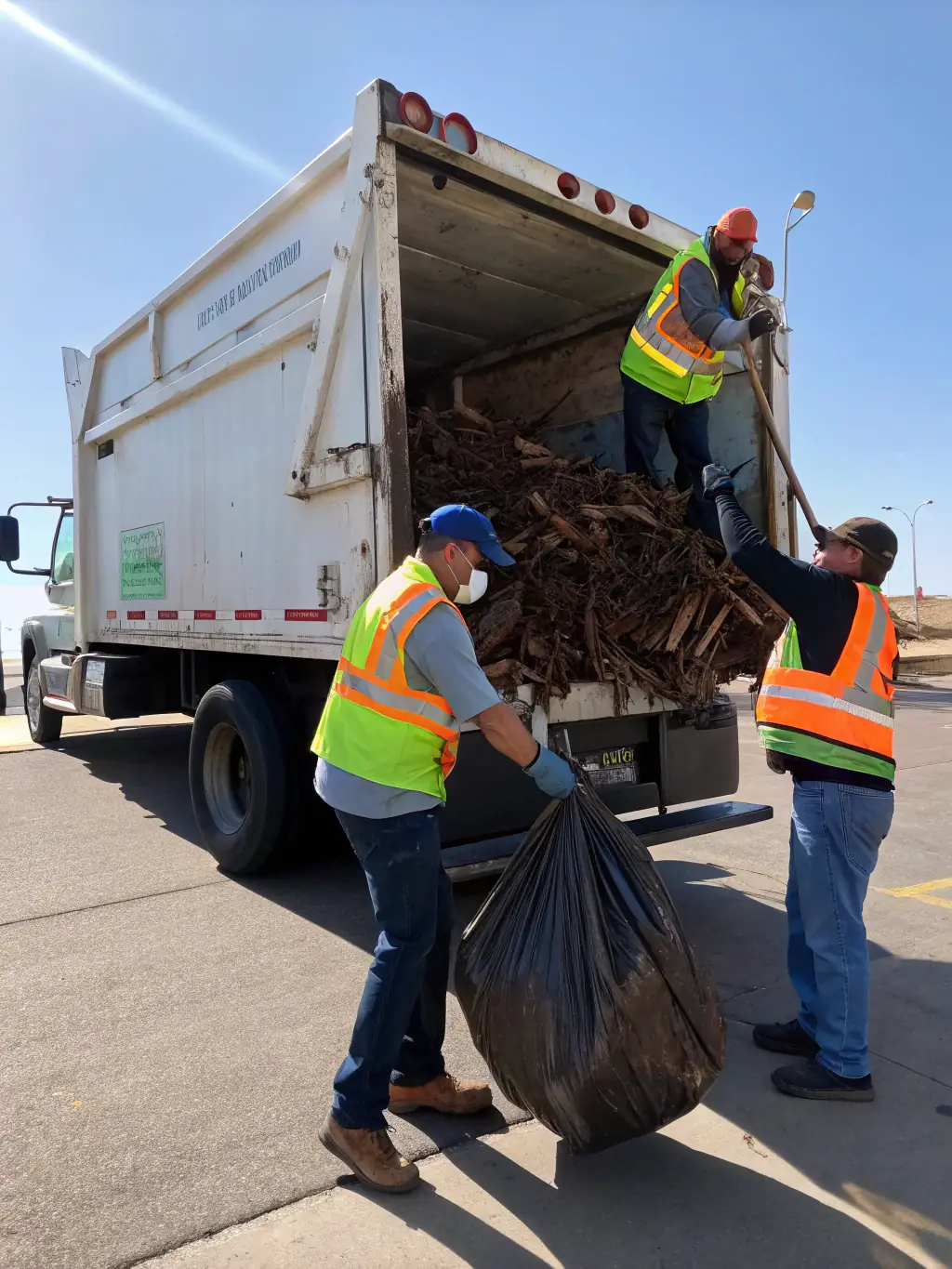 A close-up shot of Junk Junkies Texas workers carefully loading mixed debris into a truck, showcasing their attention to detail.