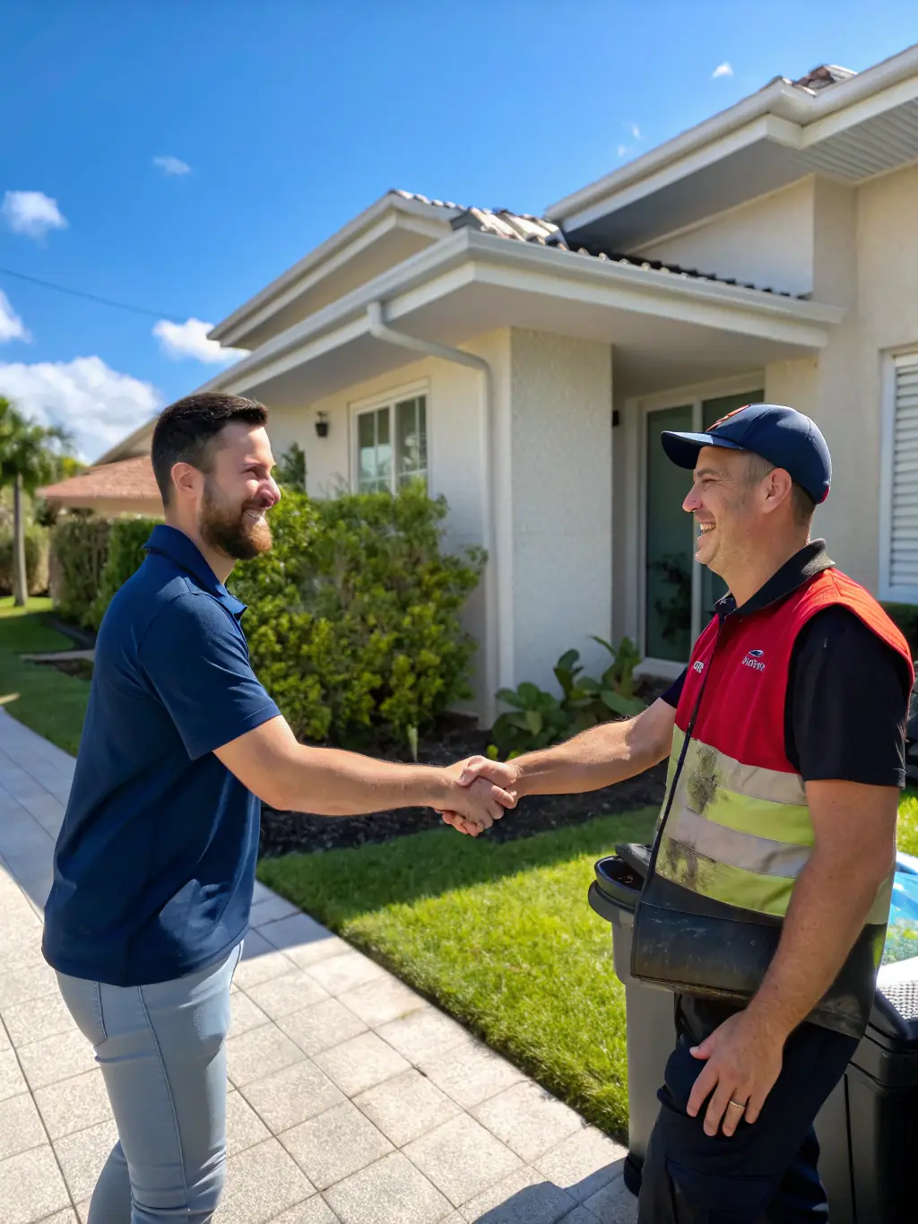 A friendly Junk Junkies Texas team member carrying a bag of junk out of a home, smiling at the camera.