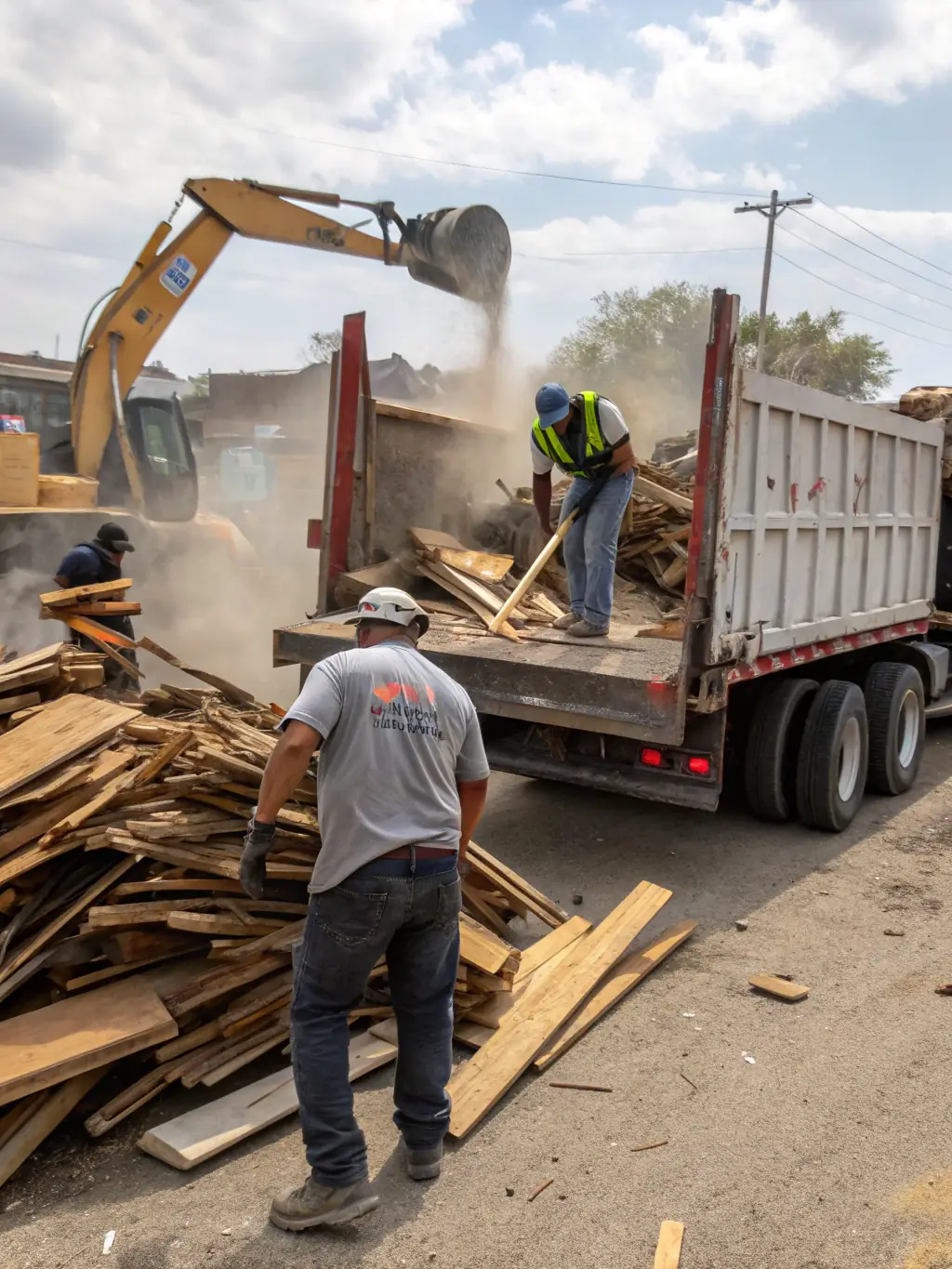 A Junk Junkies Texas truck filled with construction debris, parked at a construction site.