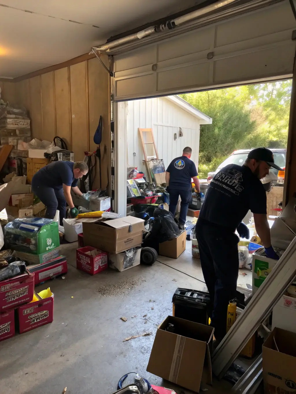 A photo showing a Junk Junkies Texas team efficiently clearing out a cluttered garage, with items neatly organized for disposal or donation.