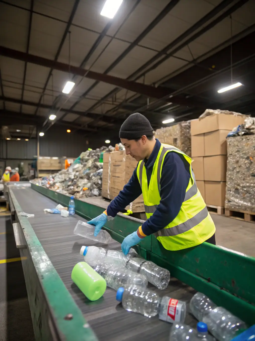 A photo of Junk Junkies Texas team sorting recyclable materials at a recycling center, demonstrating their commitment to eco-friendly disposal practices.