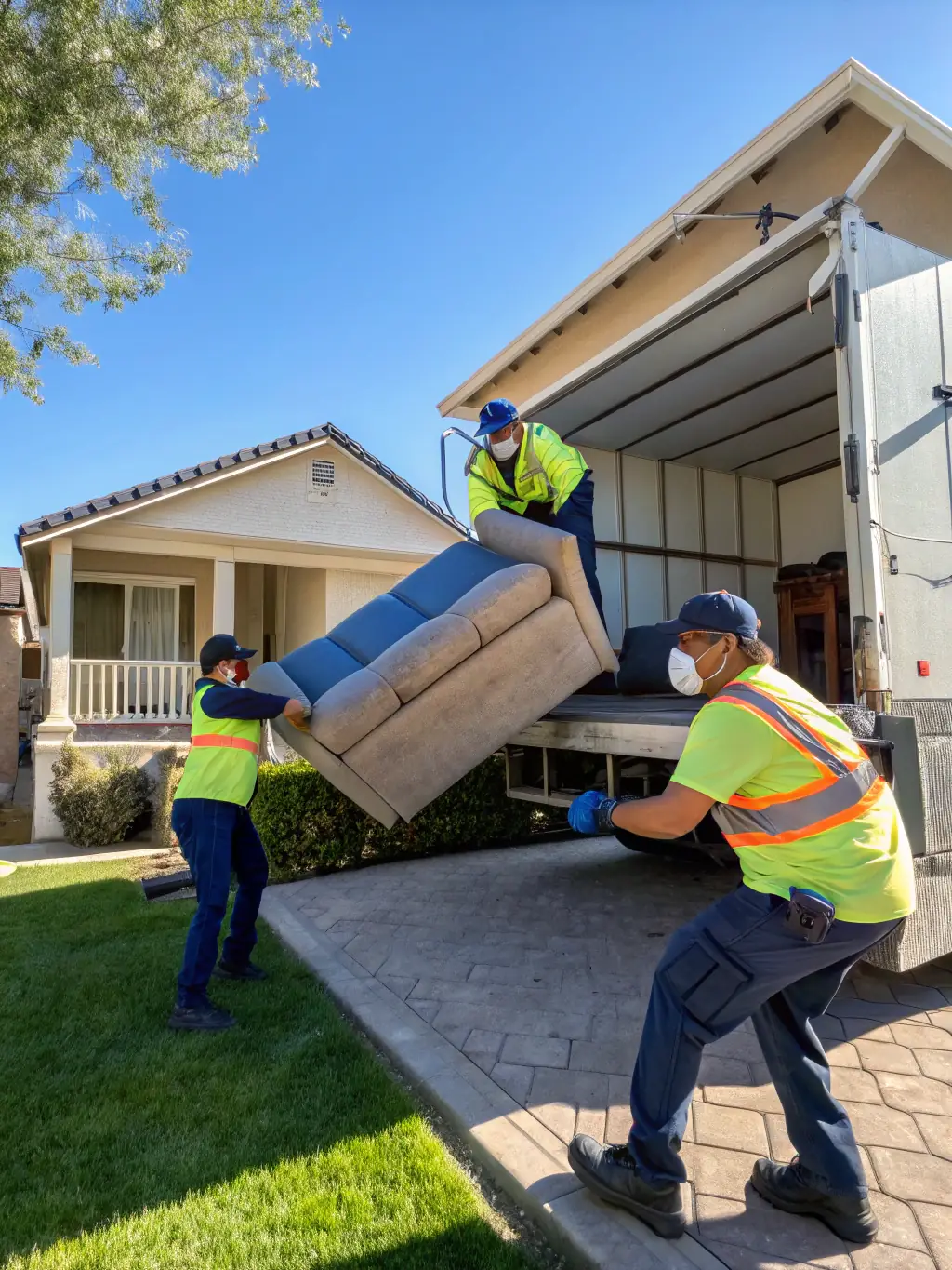 A Junk Junkies Texas team carefully removing an old sofa from a living room.