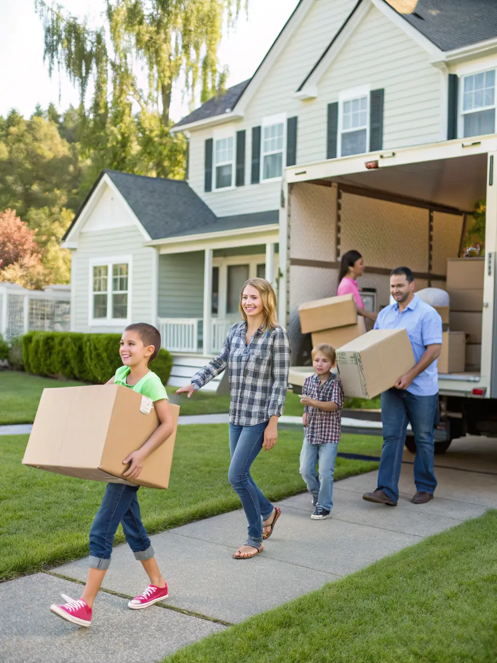 A family smiling as movers load their belongings into a Junk Junkies Texas moving truck in front of their house, symbolizing a smooth and happy relocation experience.